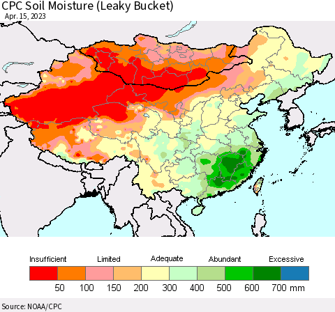 China, Mongolia and Taiwan CPC Soil Moisture (Leaky Bucket) Thematic Map For 4/11/2023 - 4/15/2023