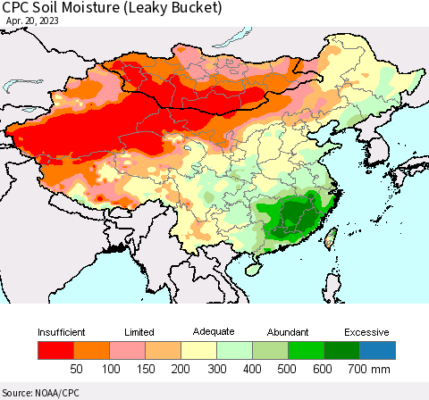 China, Mongolia and Taiwan CPC Soil Moisture (Leaky Bucket) Thematic Map For 4/16/2023 - 4/20/2023