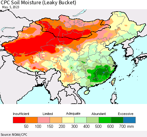 China, Mongolia and Taiwan CPC Soil Moisture (Leaky Bucket) Thematic Map For 5/1/2023 - 5/5/2023