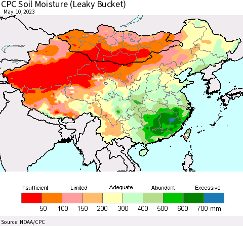 China, Mongolia and Taiwan CPC Soil Moisture (Leaky Bucket) Thematic Map For 5/6/2023 - 5/10/2023