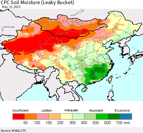 China, Mongolia and Taiwan CPC Soil Moisture (Leaky Bucket) Thematic Map For 5/11/2023 - 5/15/2023