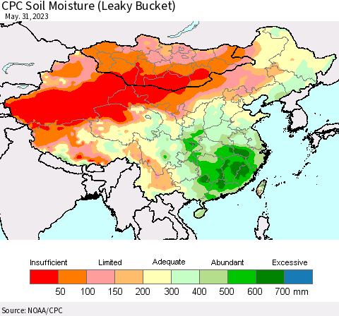 China, Mongolia and Taiwan CPC Soil Moisture (Leaky Bucket) Thematic Map For 5/26/2023 - 5/31/2023