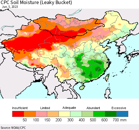 China, Mongolia and Taiwan CPC Soil Moisture (Leaky Bucket) Thematic Map For 6/1/2023 - 6/5/2023