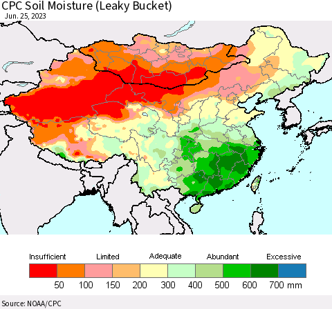 China, Mongolia and Taiwan CPC Soil Moisture (Leaky Bucket) Thematic Map For 6/21/2023 - 6/25/2023