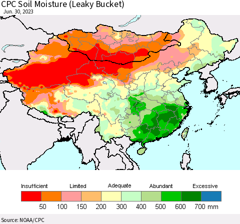 China, Mongolia and Taiwan CPC Soil Moisture (Leaky Bucket) Thematic Map For 6/26/2023 - 6/30/2023