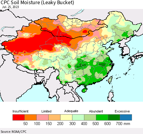 China, Mongolia and Taiwan CPC Soil Moisture (Leaky Bucket) Thematic Map For 7/21/2023 - 7/25/2023
