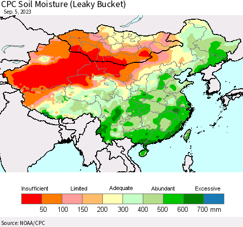 China, Mongolia and Taiwan CPC Soil Moisture (Leaky Bucket) Thematic Map For 9/1/2023 - 9/5/2023