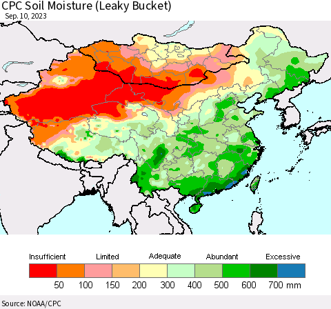 China, Mongolia and Taiwan CPC Soil Moisture (Leaky Bucket) Thematic Map For 9/6/2023 - 9/10/2023