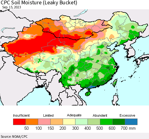 China, Mongolia and Taiwan CPC Soil Moisture (Leaky Bucket) Thematic Map For 9/11/2023 - 9/15/2023
