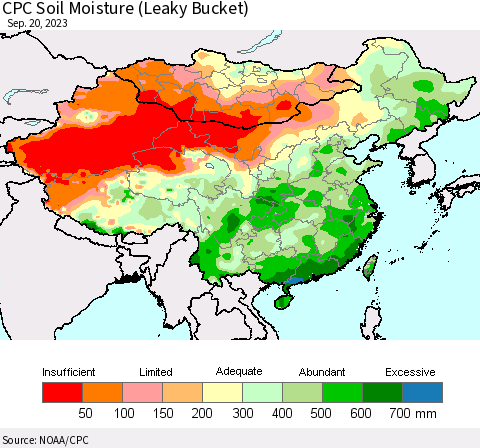 China, Mongolia and Taiwan CPC Soil Moisture (Leaky Bucket) Thematic Map For 9/16/2023 - 9/20/2023