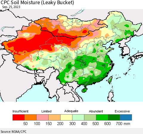 China, Mongolia and Taiwan CPC Soil Moisture (Leaky Bucket) Thematic Map For 9/21/2023 - 9/25/2023