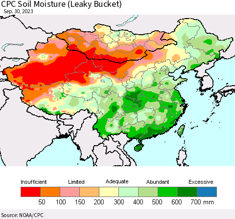 China, Mongolia and Taiwan CPC Soil Moisture (Leaky Bucket) Thematic Map For 9/26/2023 - 9/30/2023