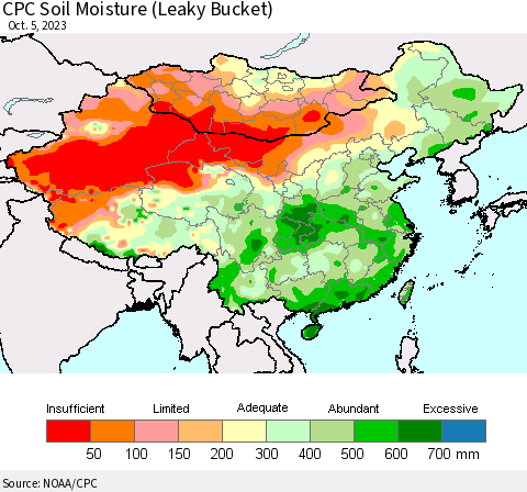 China, Mongolia and Taiwan CPC Soil Moisture (Leaky Bucket) Thematic Map For 10/1/2023 - 10/5/2023