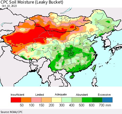 China, Mongolia and Taiwan CPC Soil Moisture (Leaky Bucket) Thematic Map For 10/6/2023 - 10/10/2023