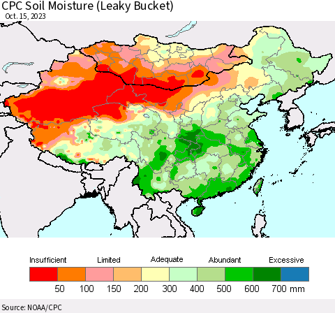 China, Mongolia and Taiwan CPC Soil Moisture (Leaky Bucket) Thematic Map For 10/11/2023 - 10/15/2023
