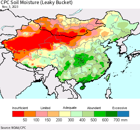 China, Mongolia and Taiwan CPC Soil Moisture (Leaky Bucket) Thematic Map For 11/1/2023 - 11/5/2023
