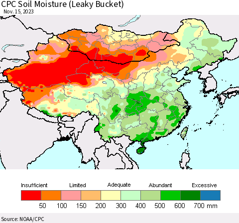 China, Mongolia and Taiwan CPC Soil Moisture (Leaky Bucket) Thematic Map For 11/11/2023 - 11/15/2023