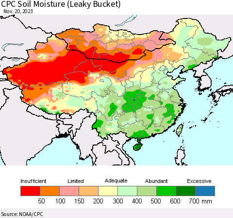 China, Mongolia and Taiwan CPC Soil Moisture (Leaky Bucket) Thematic Map For 11/16/2023 - 11/20/2023