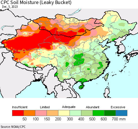 China, Mongolia and Taiwan CPC Soil Moisture (Leaky Bucket) Thematic Map For 12/1/2023 - 12/5/2023