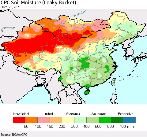 China, Mongolia and Taiwan CPC Soil Moisture (Leaky Bucket) Thematic Map For 12/16/2023 - 12/20/2023