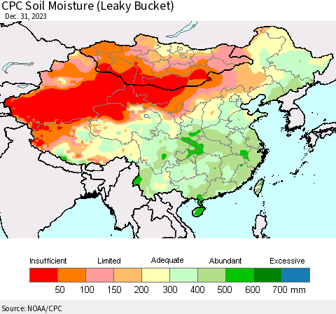 China, Mongolia and Taiwan CPC Soil Moisture (Leaky Bucket) Thematic Map For 12/26/2023 - 12/31/2023