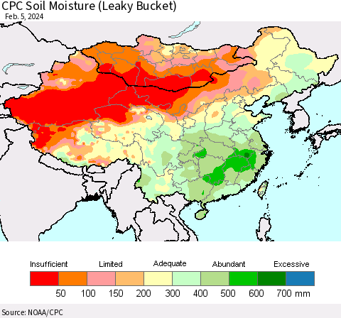 China, Mongolia and Taiwan CPC Soil Moisture (Leaky Bucket) Thematic Map For 2/1/2024 - 2/5/2024