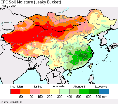 China, Mongolia and Taiwan CPC Soil Moisture (Leaky Bucket) Thematic Map For 3/26/2024 - 3/31/2024