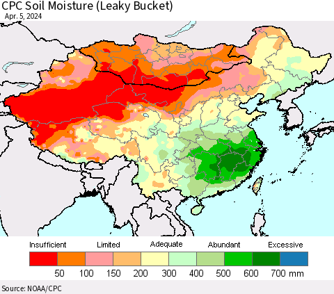 China, Mongolia and Taiwan CPC Soil Moisture (Leaky Bucket) Thematic Map For 4/1/2024 - 4/5/2024