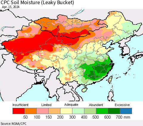 China, Mongolia and Taiwan CPC Soil Moisture (Leaky Bucket) Thematic Map For 4/11/2024 - 4/15/2024