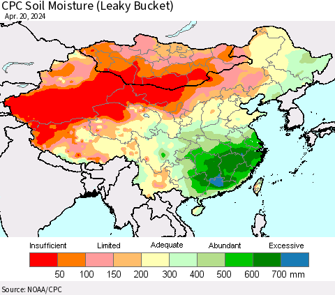 China, Mongolia and Taiwan CPC Soil Moisture (Leaky Bucket) Thematic Map For 4/16/2024 - 4/20/2024