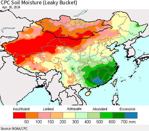 China, Mongolia and Taiwan CPC Soil Moisture (Leaky Bucket) Thematic Map For 4/26/2024 - 4/30/2024