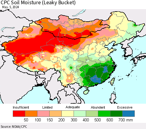 China, Mongolia and Taiwan CPC Soil Moisture (Leaky Bucket) Thematic Map For 5/1/2024 - 5/5/2024