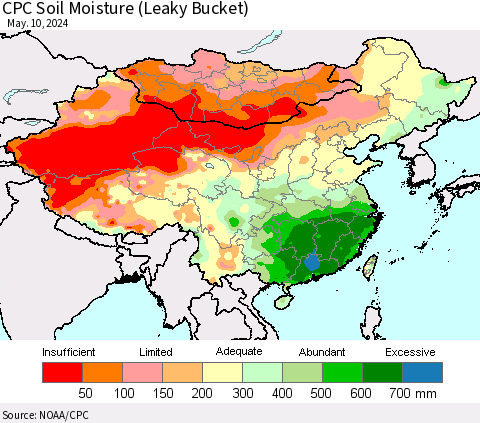 China, Mongolia and Taiwan CPC Soil Moisture (Leaky Bucket) Thematic Map For 5/6/2024 - 5/10/2024