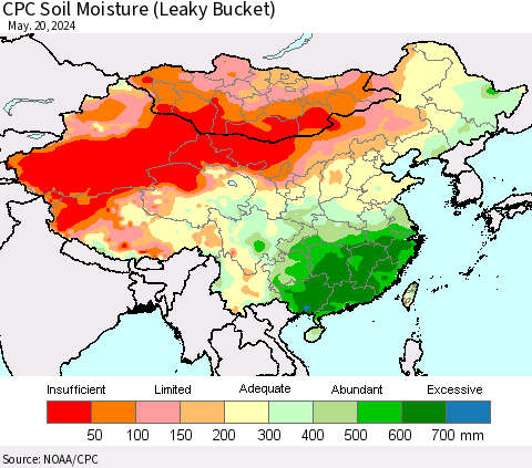China, Mongolia and Taiwan CPC Soil Moisture (Leaky Bucket) Thematic Map For 5/16/2024 - 5/20/2024