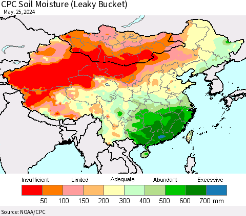 China, Mongolia and Taiwan CPC Soil Moisture (Leaky Bucket) Thematic Map For 5/21/2024 - 5/25/2024