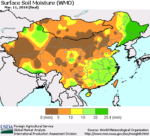 China, Mongolia and Taiwan Surface Soil Moisture (WMO) Thematic Map For 3/5/2018 - 3/11/2018