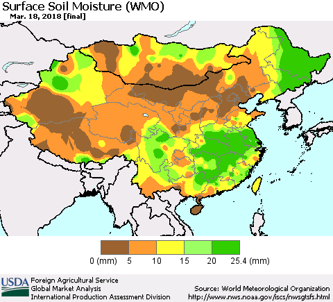 China, Mongolia and Taiwan Surface Soil Moisture (WMO) Thematic Map For 3/12/2018 - 3/18/2018