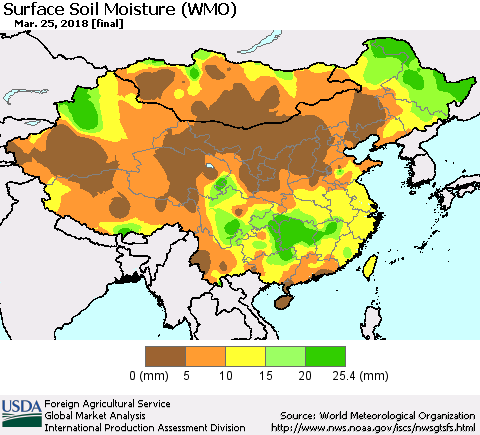China, Mongolia and Taiwan Surface Soil Moisture (WMO) Thematic Map For 3/19/2018 - 3/25/2018
