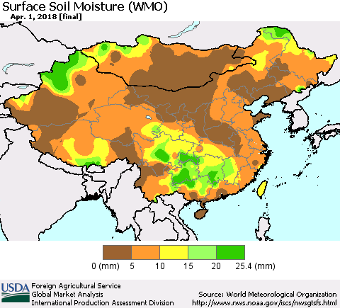 China, Mongolia and Taiwan Surface Soil Moisture (WMO) Thematic Map For 3/26/2018 - 4/1/2018