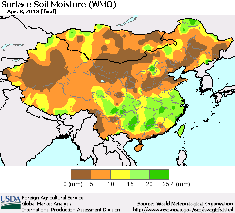 China, Mongolia and Taiwan Surface Soil Moisture (WMO) Thematic Map For 4/2/2018 - 4/8/2018