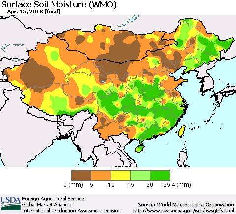 China, Mongolia and Taiwan Surface Soil Moisture (WMO) Thematic Map For 4/9/2018 - 4/15/2018
