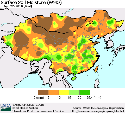 China, Mongolia and Taiwan Surface Soil Moisture (WMO) Thematic Map For 4/16/2018 - 4/22/2018