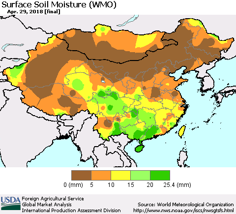 China, Mongolia and Taiwan Surface Soil Moisture (WMO) Thematic Map For 4/23/2018 - 4/29/2018