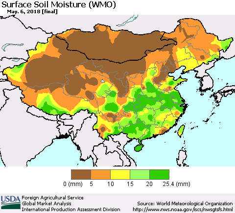 China, Mongolia and Taiwan Surface Soil Moisture (WMO) Thematic Map For 4/30/2018 - 5/6/2018