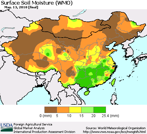 China, Mongolia and Taiwan Surface Soil Moisture (WMO) Thematic Map For 5/7/2018 - 5/13/2018