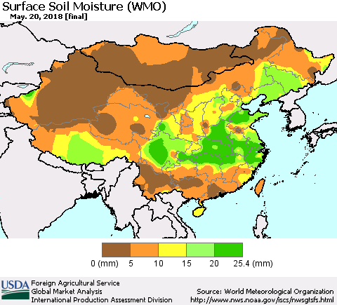 China, Mongolia and Taiwan Surface Soil Moisture (WMO) Thematic Map For 5/14/2018 - 5/20/2018