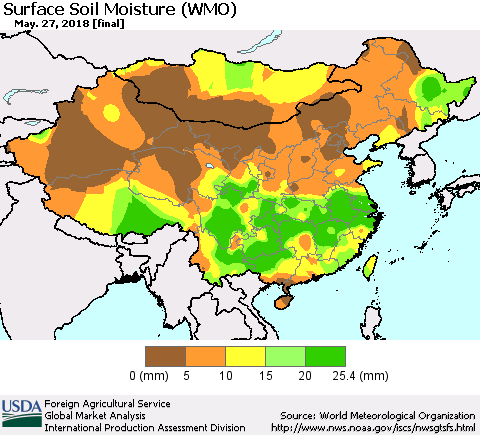 China, Mongolia and Taiwan Surface Soil Moisture (WMO) Thematic Map For 5/21/2018 - 5/27/2018
