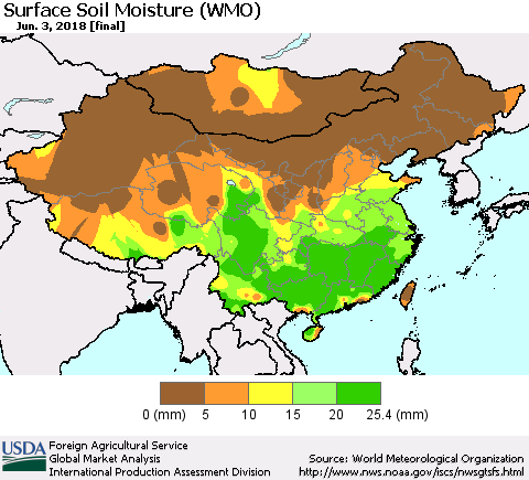 China, Mongolia and Taiwan Surface Soil Moisture (WMO) Thematic Map For 5/28/2018 - 6/3/2018