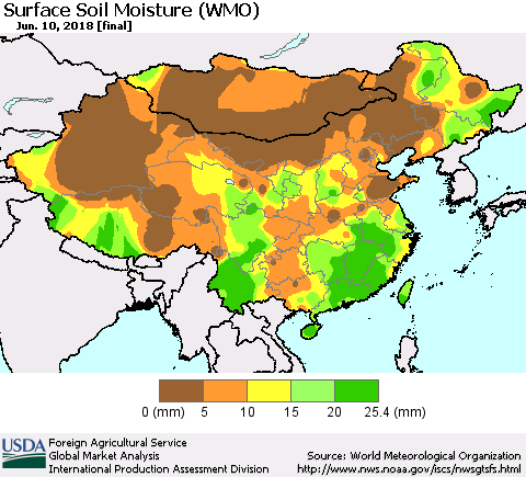 China, Mongolia and Taiwan Surface Soil Moisture (WMO) Thematic Map For 6/4/2018 - 6/10/2018