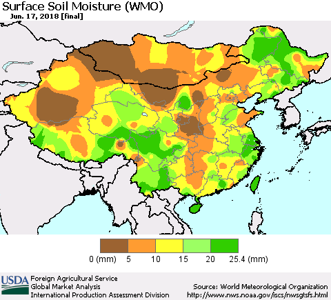 China, Mongolia and Taiwan Surface Soil Moisture (WMO) Thematic Map For 6/11/2018 - 6/17/2018